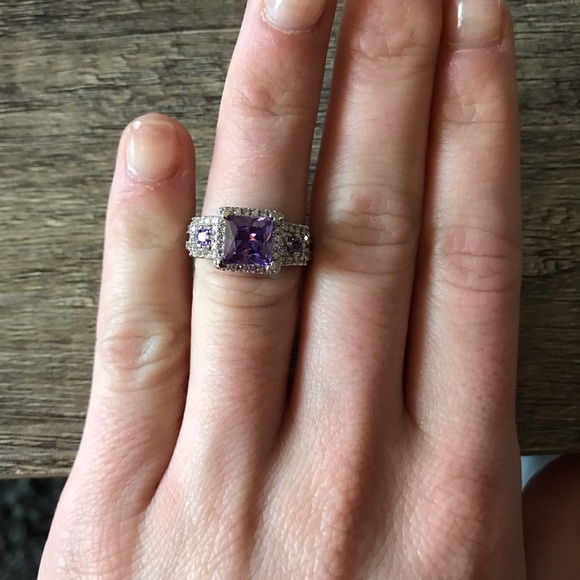 Purple Princess Cut Halo Silver Engagement Ring - Picture 6 of 6